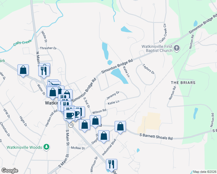 map of restaurants, bars, coffee shops, grocery stores, and more near 24 Spring Circle in Watkinsville