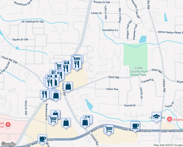 map of restaurants, bars, coffee shops, grocery stores, and more near 1402 Station Club Drive in Marietta