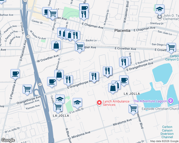 map of restaurants, bars, coffee shops, grocery stores, and more near 215 Lakepark Drive in Placentia