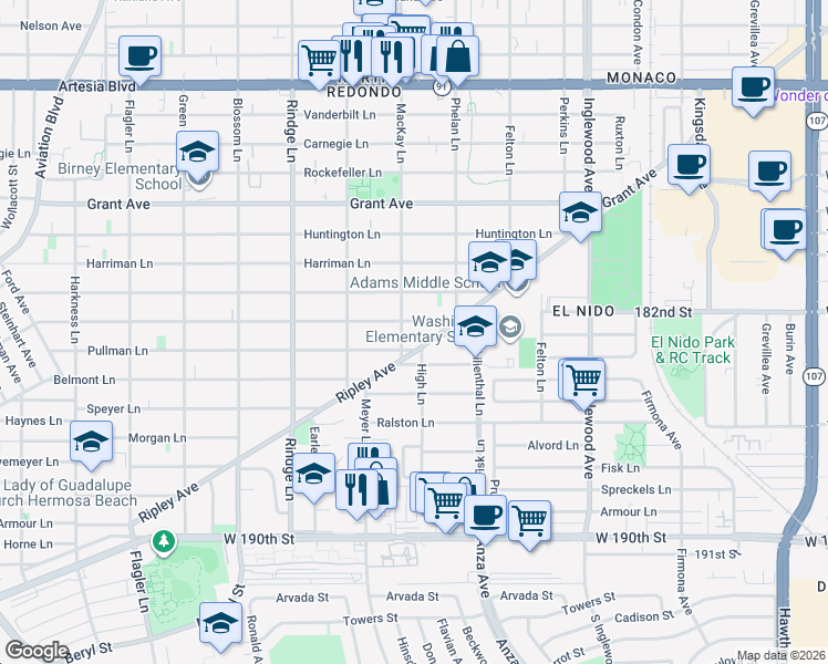 map of restaurants, bars, coffee shops, grocery stores, and more near 2404 Marshallfield Lane in Redondo Beach