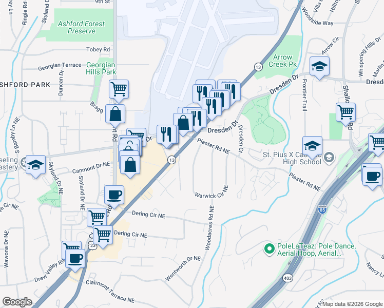 map of restaurants, bars, coffee shops, grocery stores, and more near 2672 Warwick Circle Northeast in Atlanta