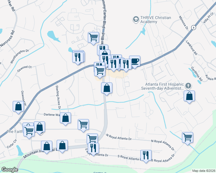 map of restaurants, bars, coffee shops, grocery stores, and more near 2710 Tucker Valley Road in Tucker