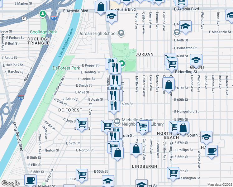 map of restaurants, bars, coffee shops, grocery stores, and more near 6064 Atlantic Avenue in Long Beach