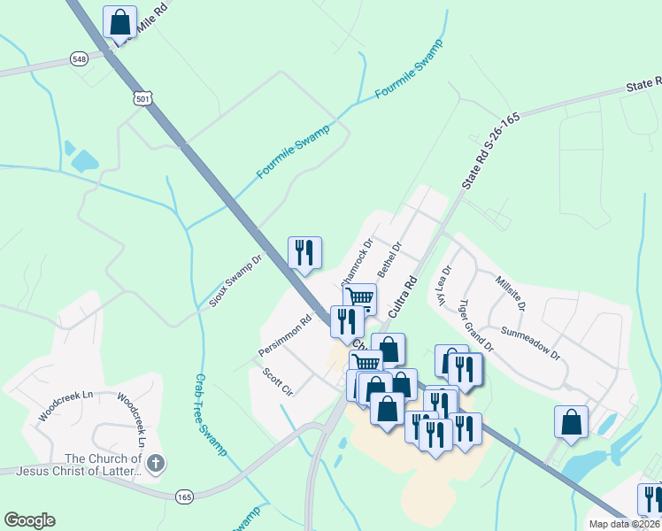 map of restaurants, bars, coffee shops, grocery stores, and more near 2964 Church Street in Conway