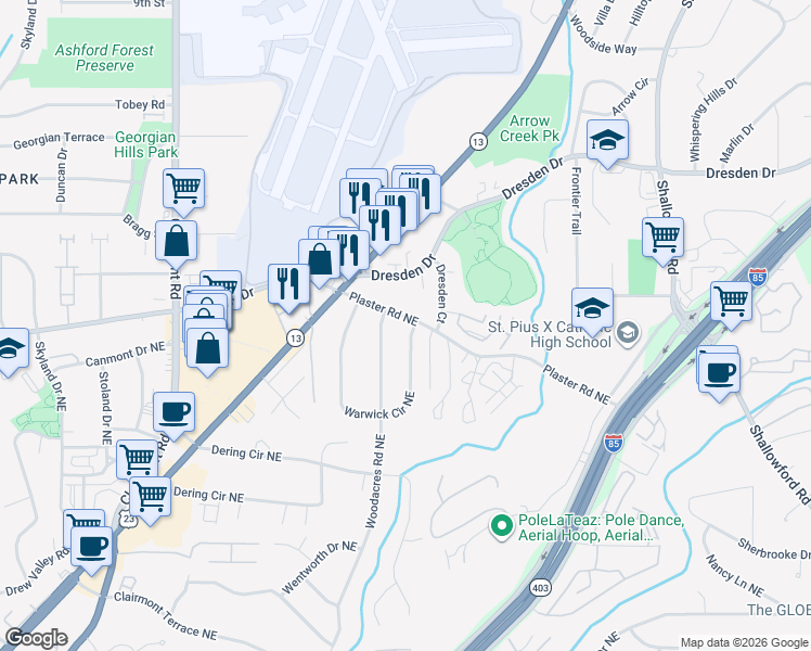 map of restaurants, bars, coffee shops, grocery stores, and more near 2168 Plaster Road Northeast in Atlanta