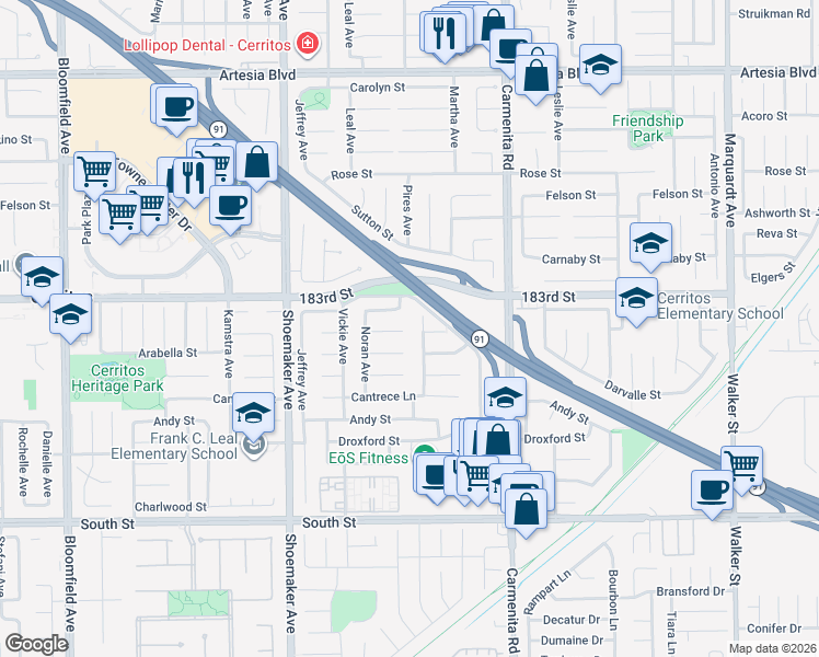 map of restaurants, bars, coffee shops, grocery stores, and more near 13177 Hedda Drive in Cerritos