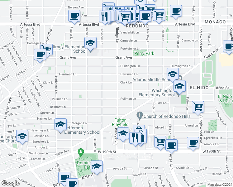 map of restaurants, bars, coffee shops, grocery stores, and more near in Redondo Beach