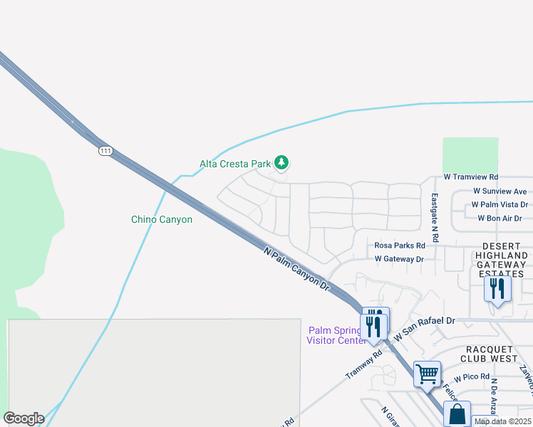 map of restaurants, bars, coffee shops, grocery stores, and more near 1150 Palmas Ridge in Palm Springs