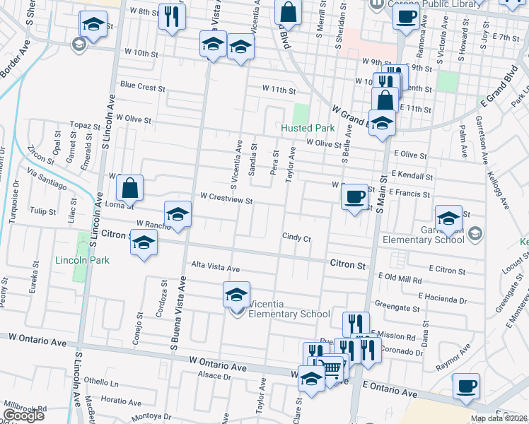 map of restaurants, bars, coffee shops, grocery stores, and more near 637 West Crestview Street in Corona