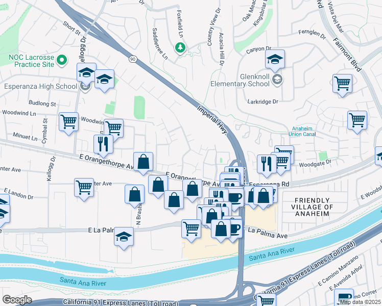 map of restaurants, bars, coffee shops, grocery stores, and more near 1743 North Willow Woods Drive in Anaheim