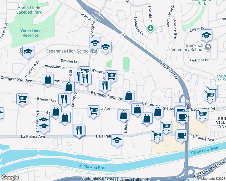 map of restaurants, bars, coffee shops, grocery stores, and more near 5228 East Minuet Lane in Anaheim