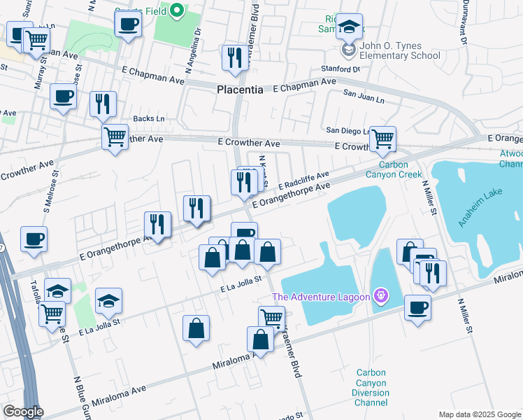 map of restaurants, bars, coffee shops, grocery stores, and more near 3160 East Radcliffe Avenue in Anaheim