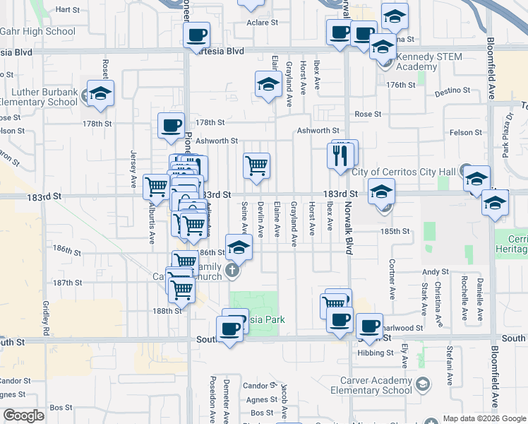 map of restaurants, bars, coffee shops, grocery stores, and more near 11982 183rd Street in Artesia