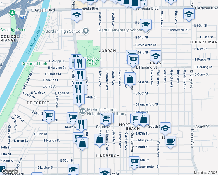map of restaurants, bars, coffee shops, grocery stores, and more near 6095 Lewis Avenue in Long Beach