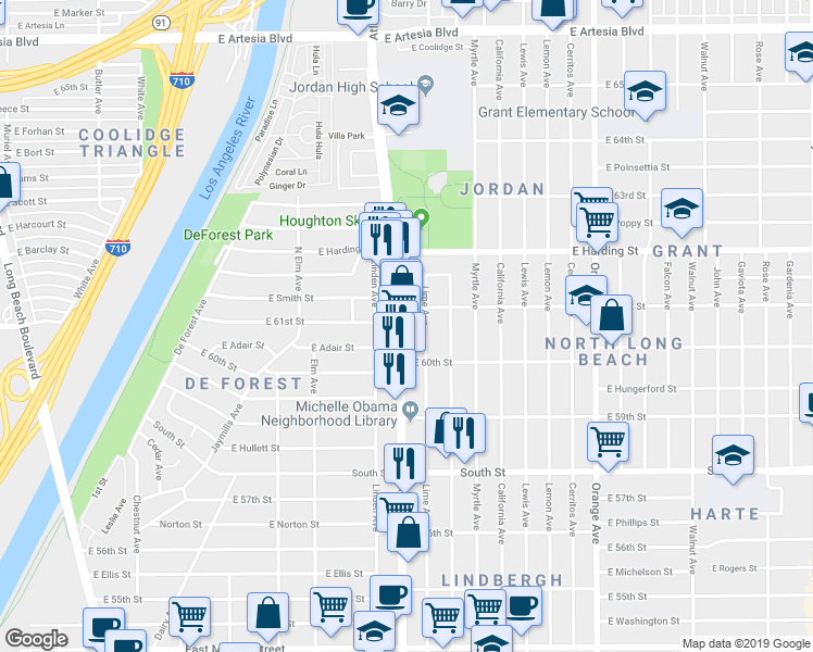 map of restaurants, bars, coffee shops, grocery stores, and more near 6088 Atlantic Avenue in Long Beach