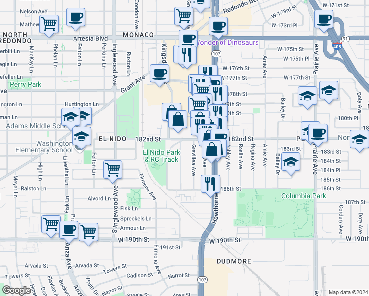 map of restaurants, bars, coffee shops, grocery stores, and more near 4450 182nd Street in Redondo Beach
