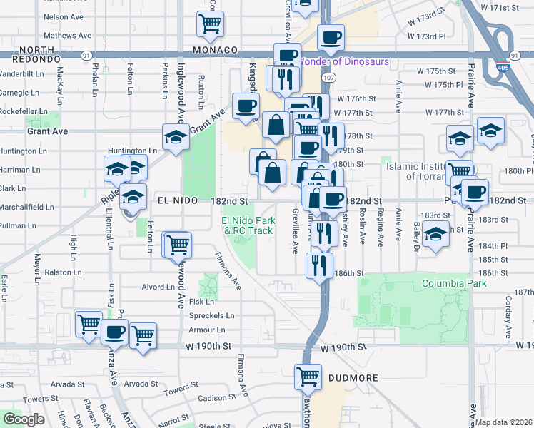 map of restaurants, bars, coffee shops, grocery stores, and more near 2909 182nd Street in Redondo Beach