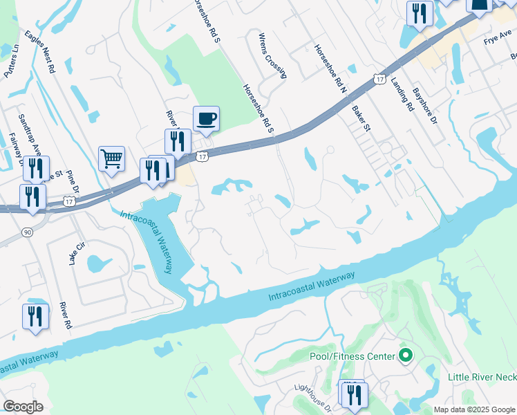 map of restaurants, bars, coffee shops, grocery stores, and more near 4528 Spyglass Drive in Little River