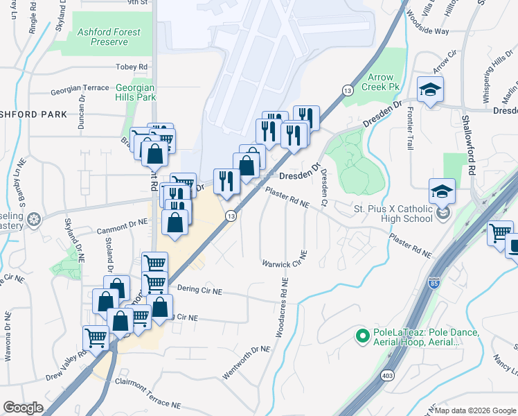 map of restaurants, bars, coffee shops, grocery stores, and more near 2672 Warwick Circle Northeast in Atlanta