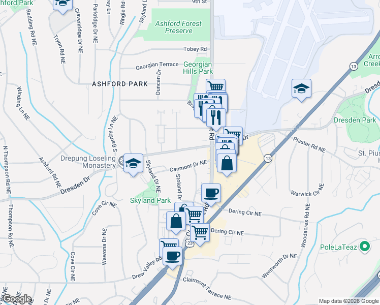 map of restaurants, bars, coffee shops, grocery stores, and more near 1920 Dresden Drive in Atlanta