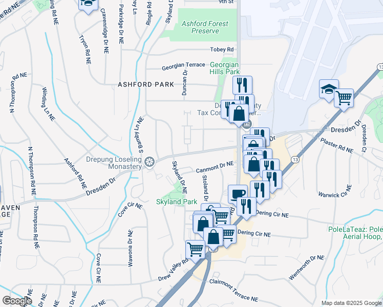 map of restaurants, bars, coffee shops, grocery stores, and more near 2651 Dresden Place in Brookhaven