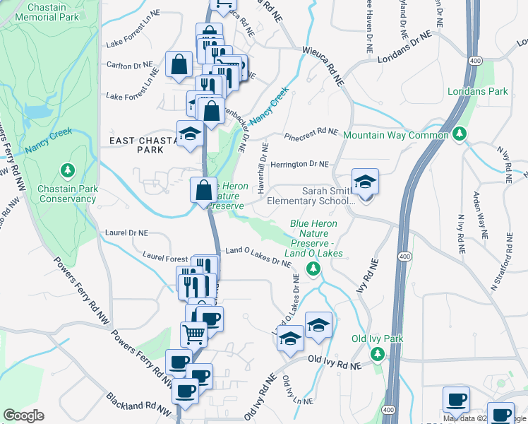 map of restaurants, bars, coffee shops, grocery stores, and more near 290 Lakemoore Drive Northeast in Atlanta