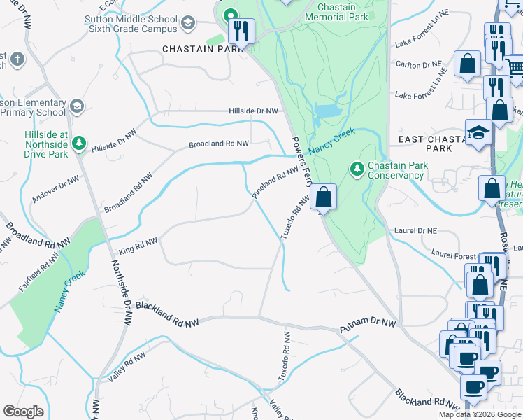 map of restaurants, bars, coffee shops, grocery stores, and more near 259 Pineland Road Northwest in Atlanta