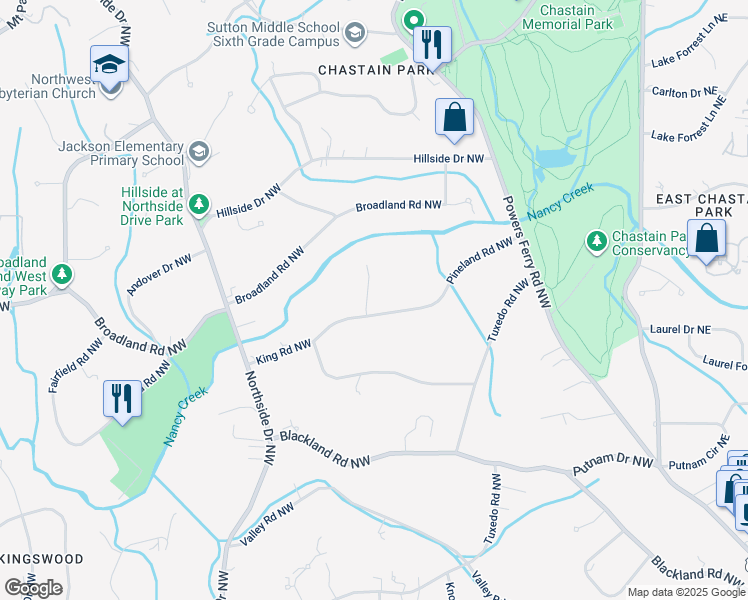 map of restaurants, bars, coffee shops, grocery stores, and more near 349 Pineland Road Northwest in Atlanta