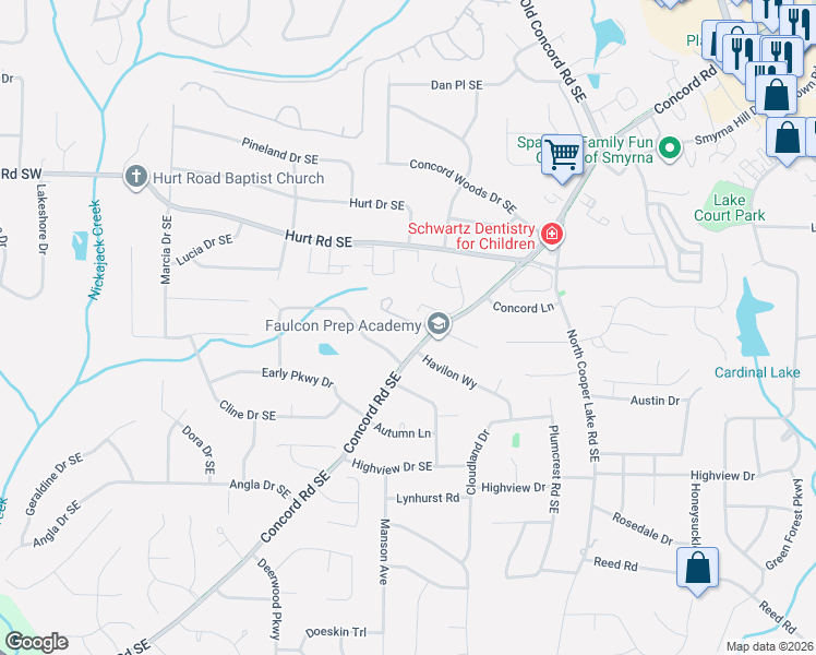 map of restaurants, bars, coffee shops, grocery stores, and more near 1147 Berkley Drive Southeast in Smyrna