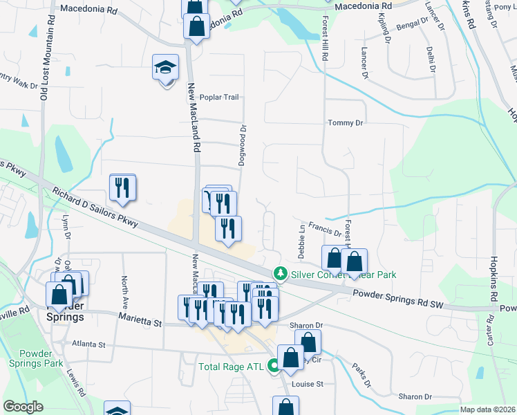 map of restaurants, bars, coffee shops, grocery stores, and more near 3764 Villa Springs Circle in Powder Springs