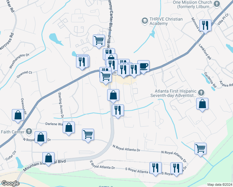 map of restaurants, bars, coffee shops, grocery stores, and more near 2692 Tucker Valley Road in Tucker