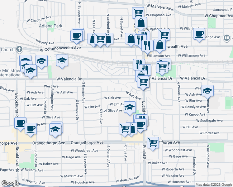 map of restaurants, bars, coffee shops, grocery stores, and more near 619 Anza Place in Fullerton