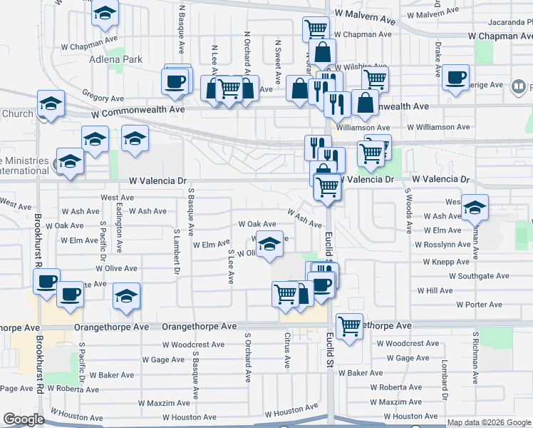 map of restaurants, bars, coffee shops, grocery stores, and more near 1142 West Ash Avenue in Fullerton