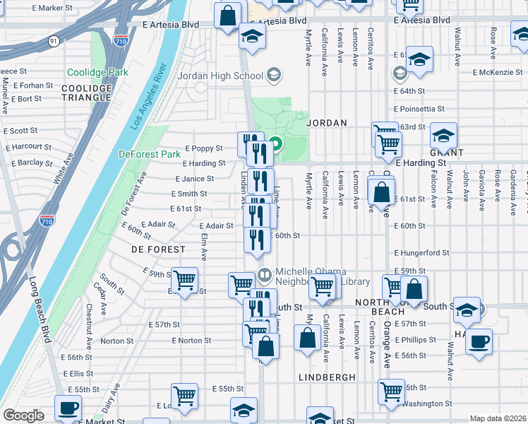 map of restaurants, bars, coffee shops, grocery stores, and more near 6064 Atlantic Avenue in Long Beach
