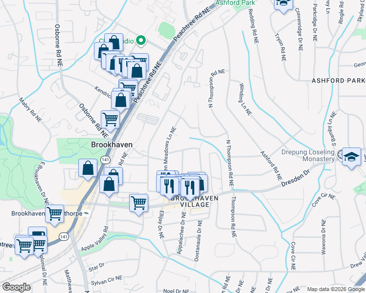 map of restaurants, bars, coffee shops, grocery stores, and more near 2475 East Osborne Road Northeast in Atlanta