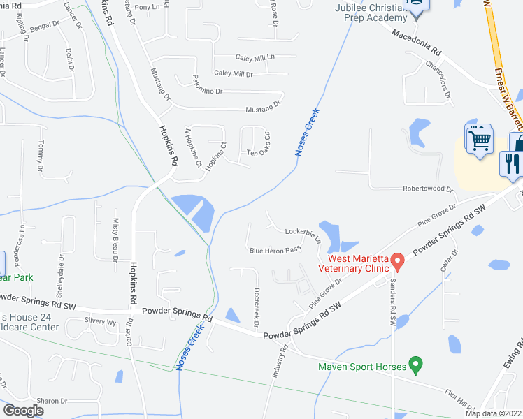 map of restaurants, bars, coffee shops, grocery stores, and more near 3704 Lockerbie Lane in Powder Springs