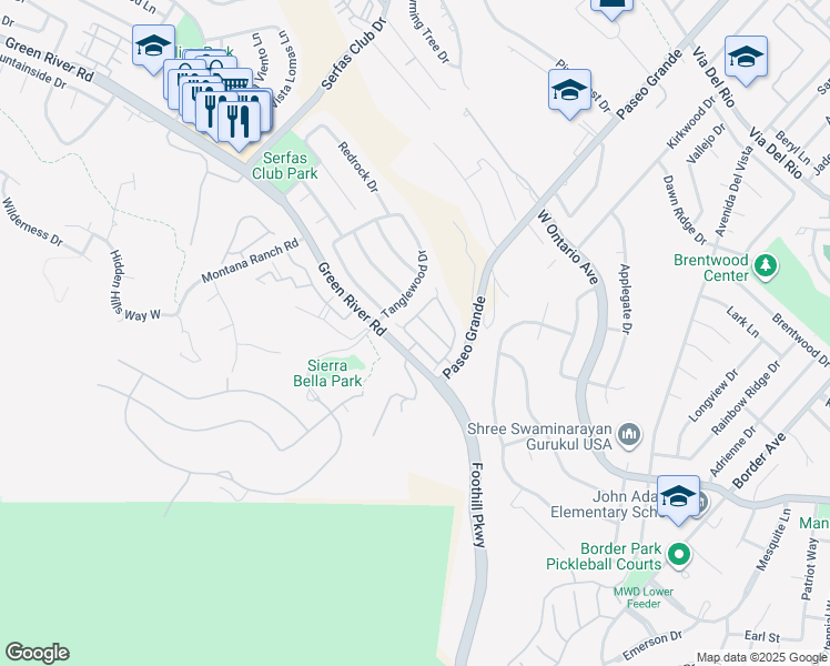 map of restaurants, bars, coffee shops, grocery stores, and more near 1570 San Fernando Drive in Corona