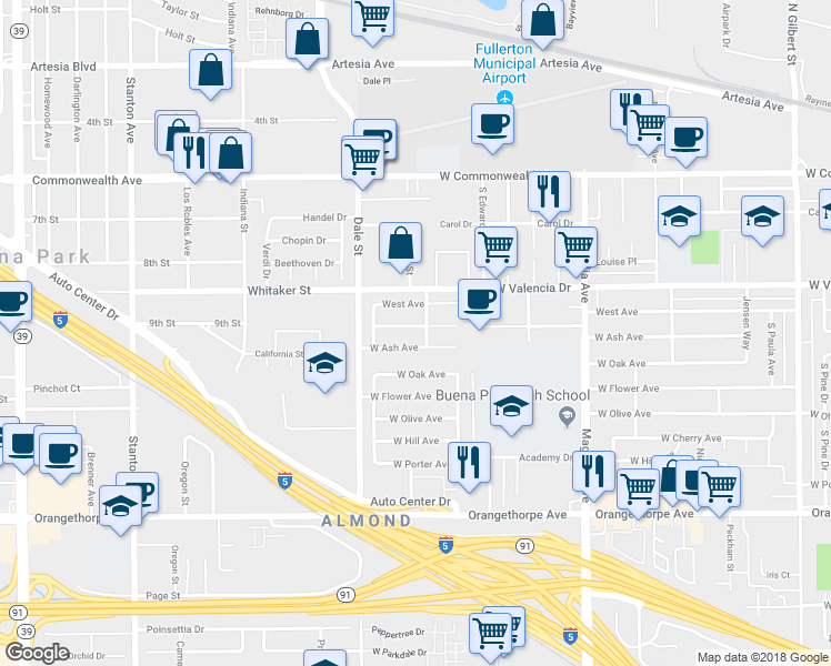map of restaurants, bars, coffee shops, grocery stores, and more near 4206 Franklin Avenue in Fullerton