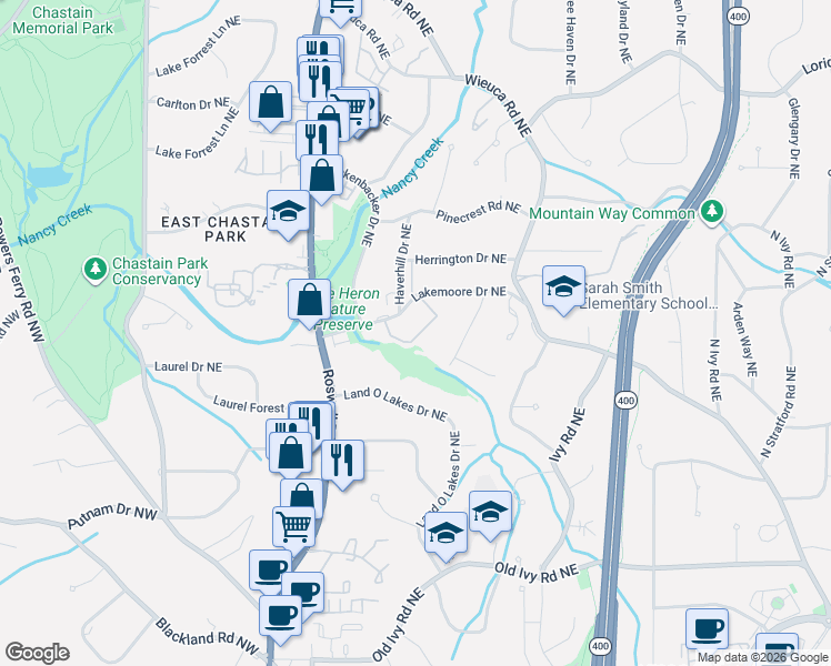 map of restaurants, bars, coffee shops, grocery stores, and more near 319 Lakemoore Drive Northeast in Atlanta