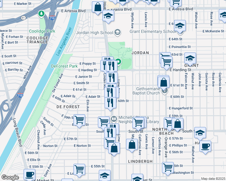map of restaurants, bars, coffee shops, grocery stores, and more near 6066 Atlantic Avenue in Long Beach