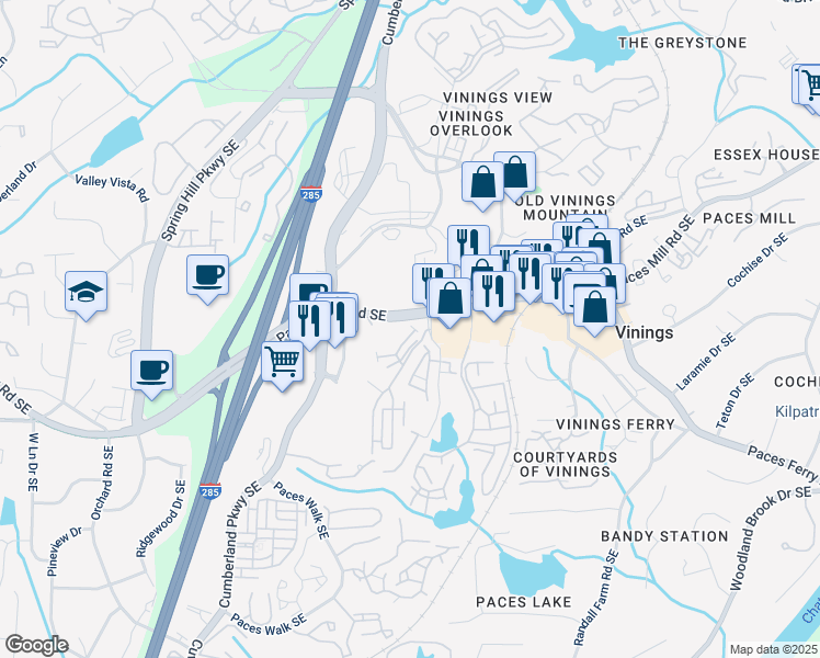 map of restaurants, bars, coffee shops, grocery stores, and more near 2841 Paces Lookout Lane Southeast in Atlanta