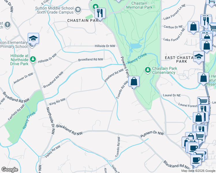 map of restaurants, bars, coffee shops, grocery stores, and more near 259 Pineland Road Northwest in Atlanta