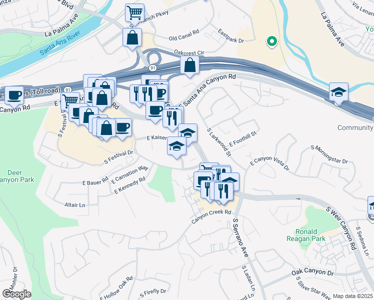 map of restaurants, bars, coffee shops, grocery stores, and more near 160 South Old Springs Road in Anaheim
