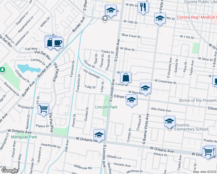 map of restaurants, bars, coffee shops, grocery stores, and more near 1121 Iris Circle in Corona