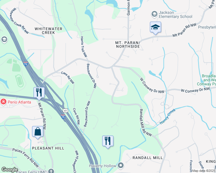 map of restaurants, bars, coffee shops, grocery stores, and more near 1650 Randall Mill Place Northwest in Atlanta