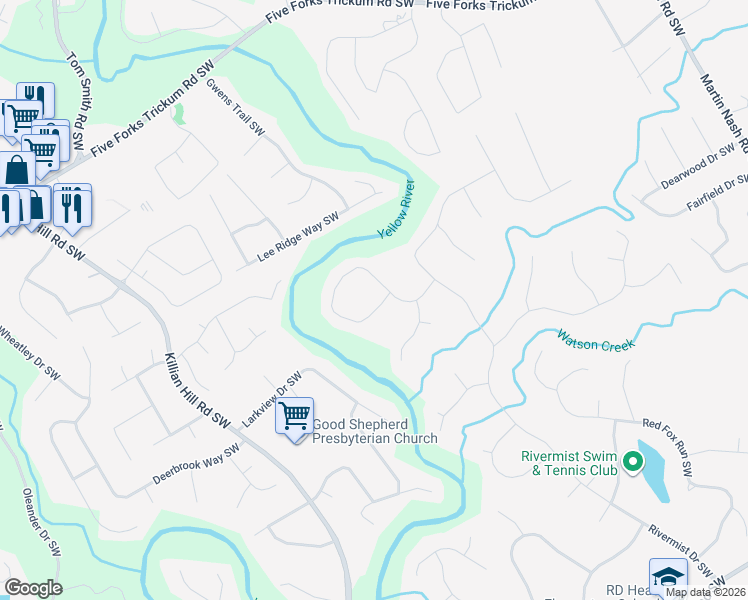 map of restaurants, bars, coffee shops, grocery stores, and more near 3940 Windhurst Drive Southwest in Lilburn