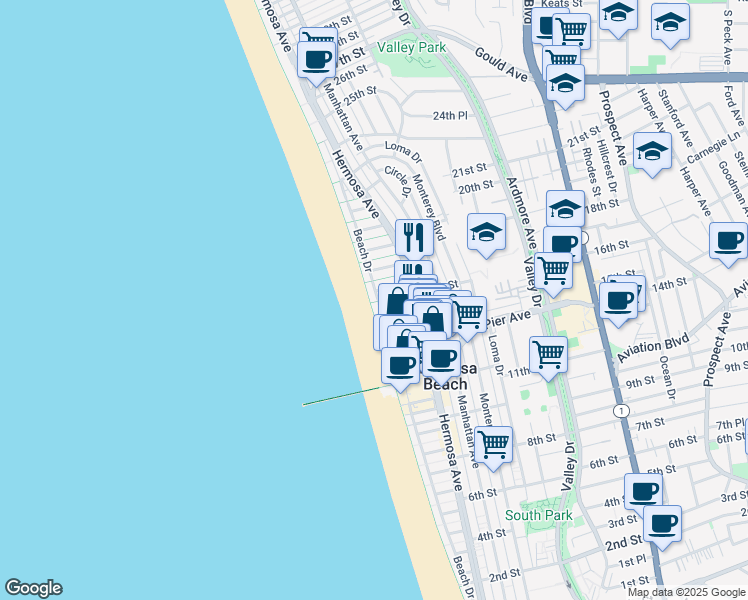 map of restaurants, bars, coffee shops, grocery stores, and more near 20 17th Street in Hermosa Beach