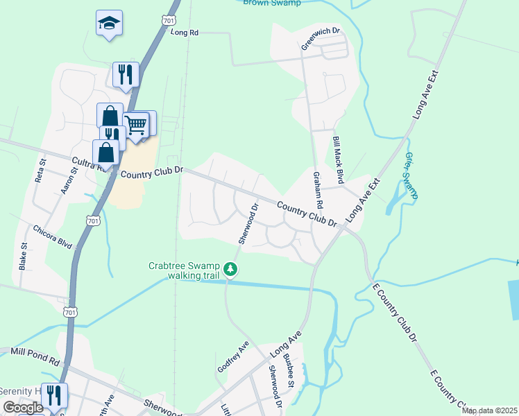 map of restaurants, bars, coffee shops, grocery stores, and more near 105 Sherwood Drive in Conway