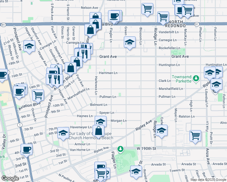 map of restaurants, bars, coffee shops, grocery stores, and more near 1905 Marshallfield Lane in Redondo Beach