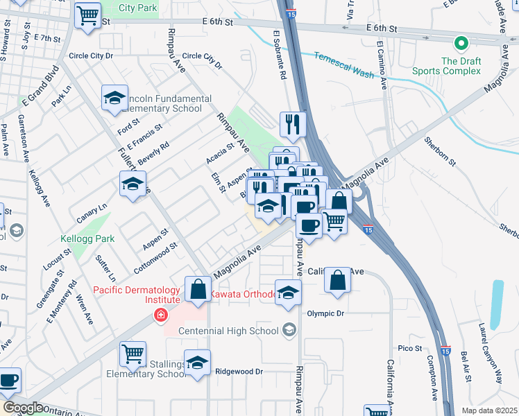 map of restaurants, bars, coffee shops, grocery stores, and more near 1385 Ivy Circle in Corona